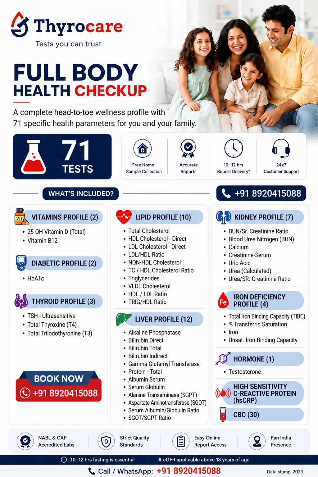 Full Body Checkup Thyrocare package card showing 71 tests, ₹1299 price, fasting requirement, and home sample collection