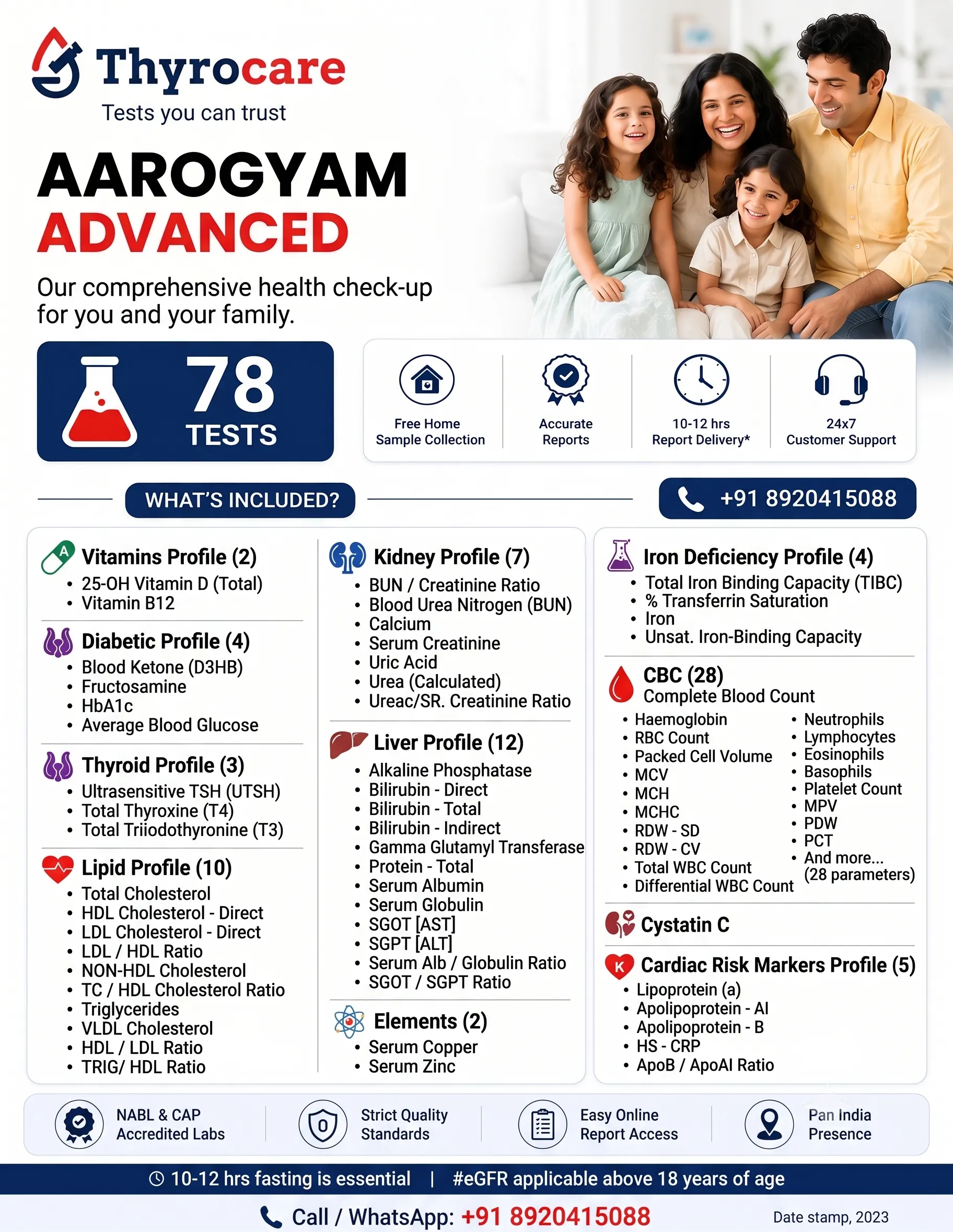 Aarogyam Advanced Thyrocare package card showing 78 tests, ₹1589 price, fasting requirement, and home sample collection