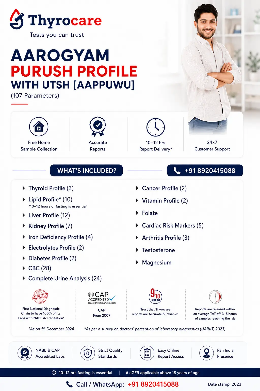 Aarogyam Purush Profile with UTSH Thyrocare package card showing 107 tests, ₹2750 price, and home sample collection
