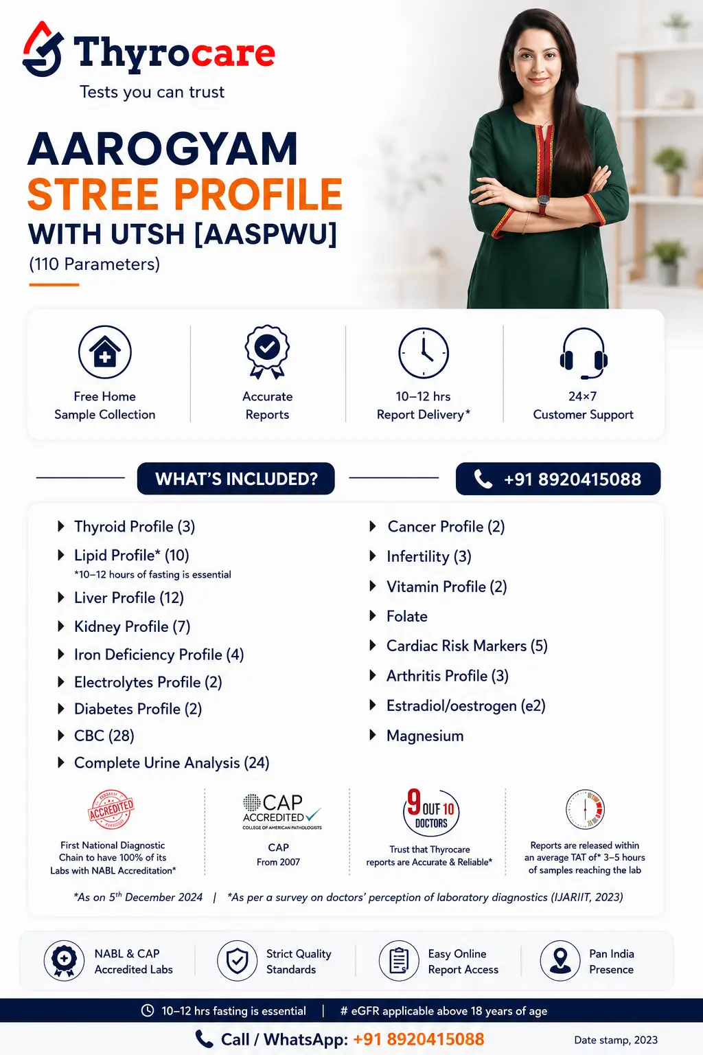 Aarogyam Stree Profile with UTSH Thyrocare package card showing 110 tests, ₹2750 price, and home sample collection