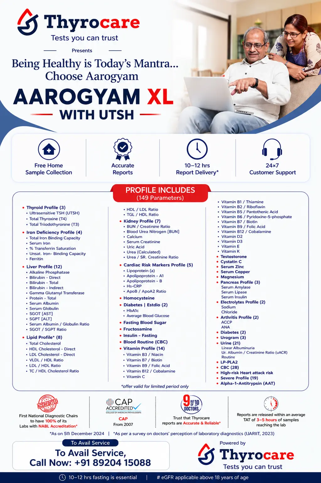 Aarogyam XL with UTSH Thyrocare package card showing 149 tests, ₹7499 price, and home sample collection