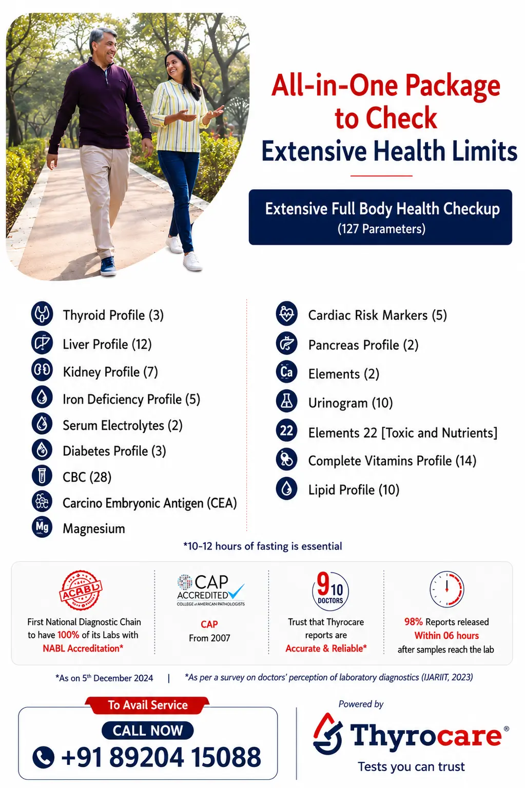 Extensive Full Body Health Checkup Thyrocare package card showing 127 tests, ₹2999 price, and home sample collection