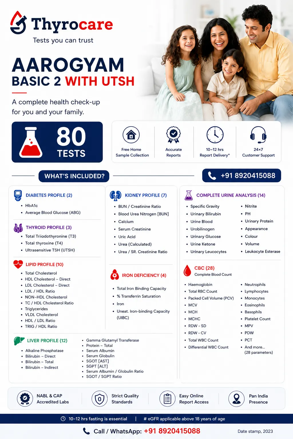 New Aarogyam Basic 2 with UTSH Thyrocare package card showing 80 tests, ₹999 price, fasting requirement, and home sample collection